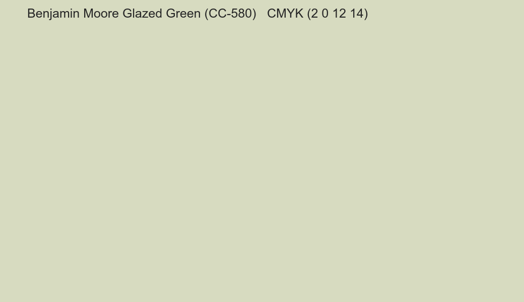 Color Benjamin Moore Glazed Green (CC-580) to CMYK (2 0 12 14) converter Color Benjamin Moore Glazed Green (CC-580) to CMYK (2 0 12 14) converter