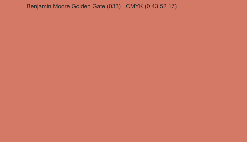 Color Benjamin Moore Golden Gate (033) to CMYK (0 43 52 17) converter Color Benjamin Moore Golden Gate (033) to CMYK (0 43 52 17) converter