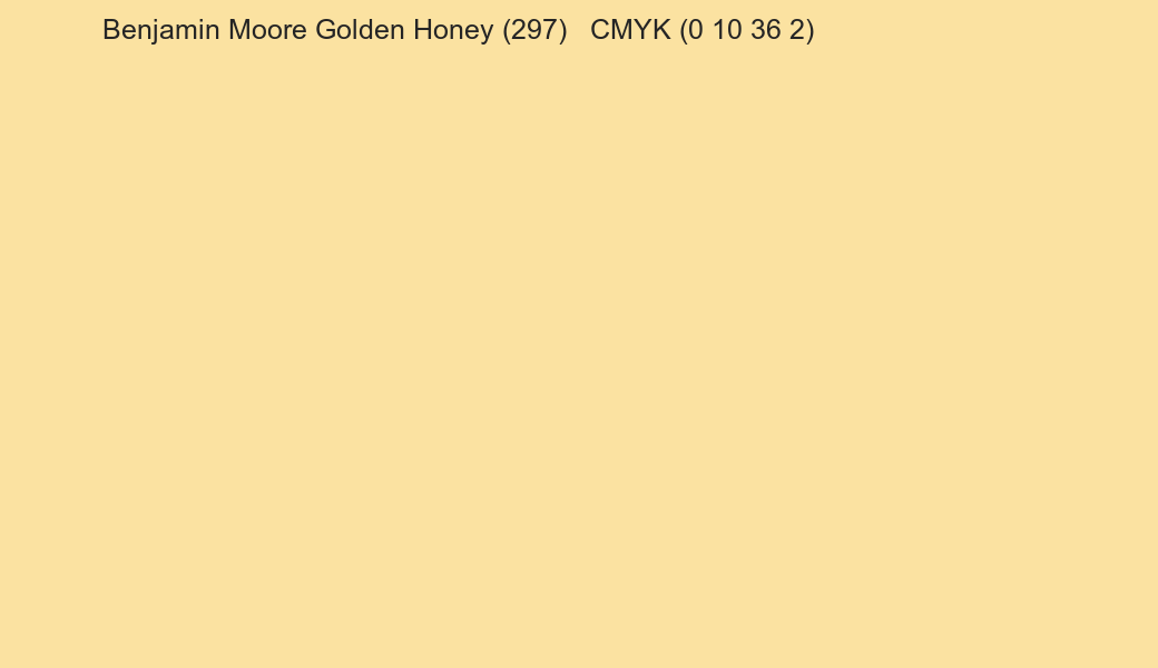 Color Benjamin Moore Golden Honey (297) to CMYK (0 10 36 2) converter Color Benjamin Moore Golden Honey (297) to CMYK (0 10 36 2) converter