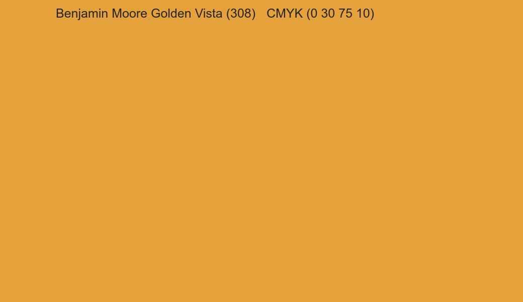 Color Benjamin Moore Golden Vista (308) to CMYK (0 30 75 10) converter Color Benjamin Moore Golden Vista (308) to CMYK (0 30 75 10) converter