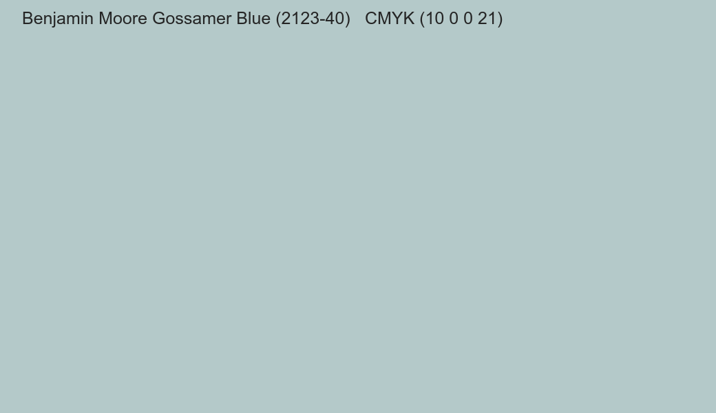 Color Benjamin Moore Gossamer Blue (2123-40) to CMYK (10 0 0 21) converter Color Benjamin Moore Gossamer Blue (2123-40) to CMYK (10 0 0 21) converter