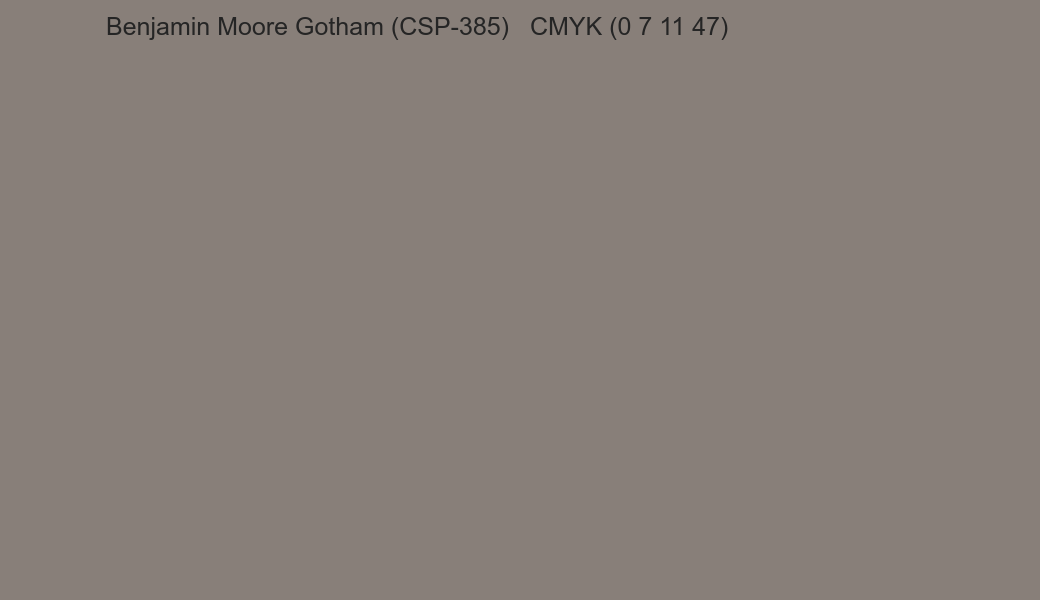 Color Benjamin Moore Gotham (CSP-385) to CMYK (0 7 11 47) converter Color Benjamin Moore Gotham (CSP-385) to CMYK (0 7 11 47) converter