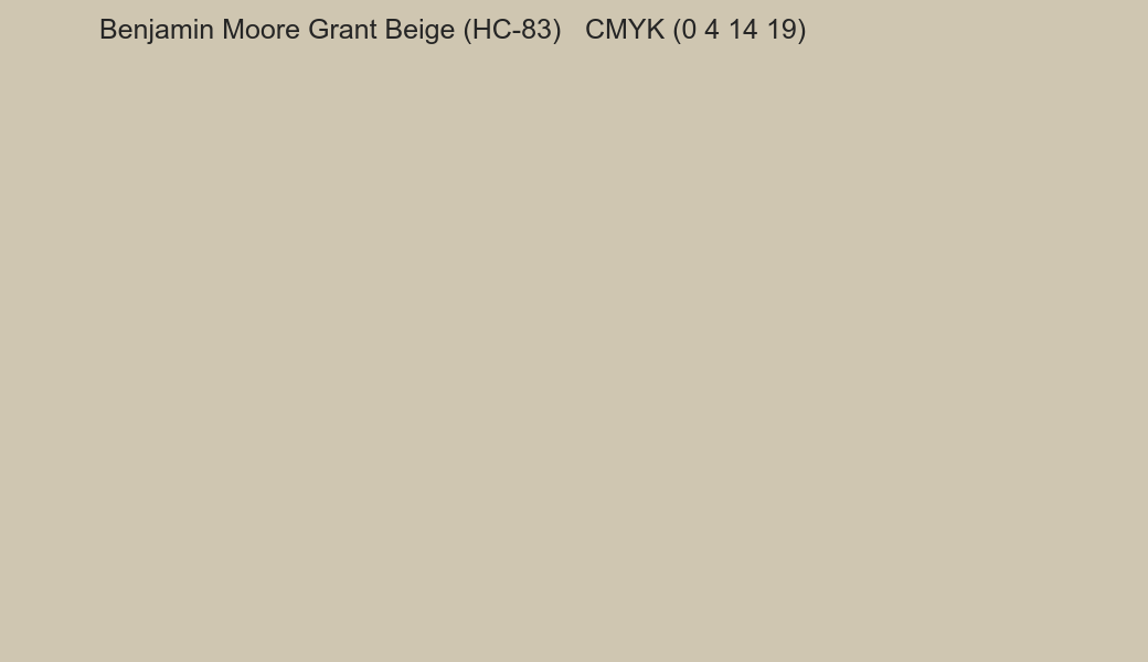 Color Benjamin Moore Grant Beige (HC-83) to CMYK (0 4 14 19) converter Color Benjamin Moore Grant Beige (HC-83) to CMYK (0 4 14 19) converter