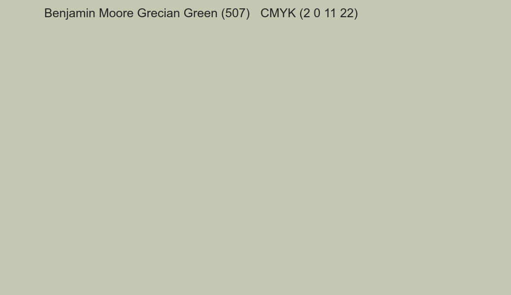 Color Benjamin Moore Grecian Green (507) to CMYK (2 0 11 22) converter Color Benjamin Moore Grecian Green (507) to CMYK (2 0 11 22) converter