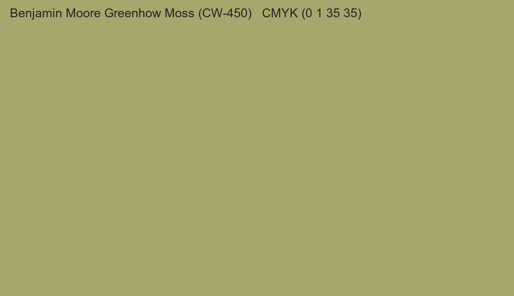 Color Benjamin Moore Greenhow Moss (CW-450) to CMYK (0 1 35 35) converter Color Benjamin Moore Greenhow Moss (CW-450) to CMYK (0 1 35 35) converter