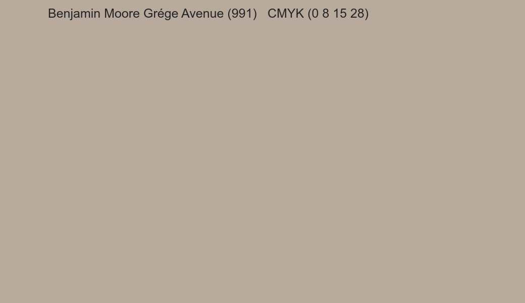 Color Benjamin Moore Grége Avenue (991) to CMYK (0 8 15 28) converter Color Benjamin Moore Grége Avenue (991) to CMYK (0 8 15 28) converter