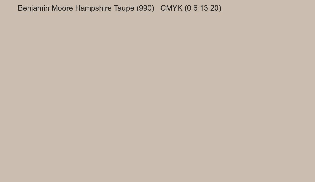 Color Benjamin Moore Hampshire Taupe (990) to CMYK (0 6 13 20) converter Color Benjamin Moore Hampshire Taupe (990) to CMYK (0 6 13 20) converter