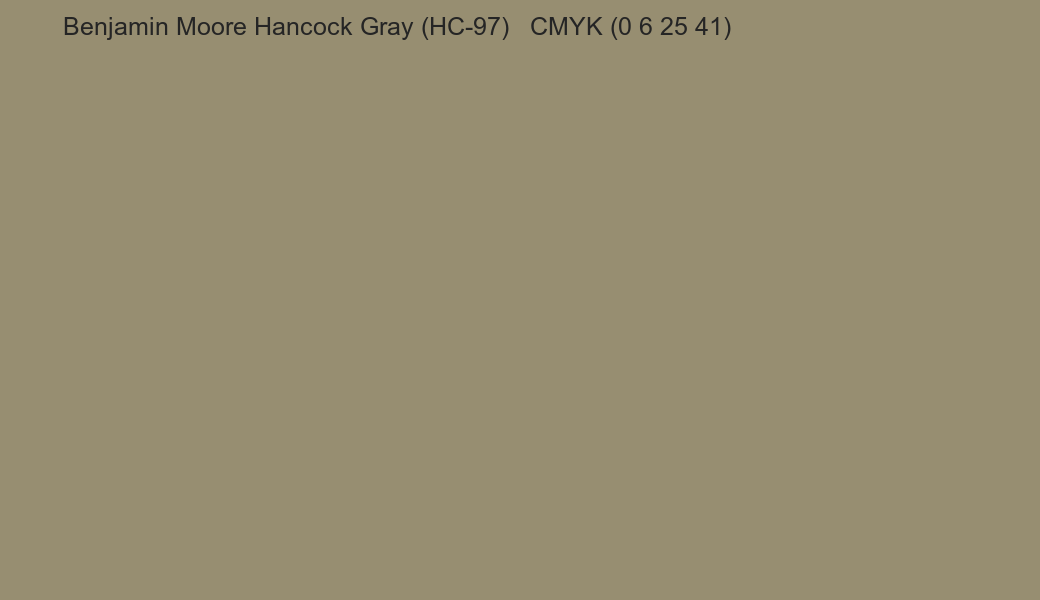 Color Benjamin Moore Hancock Gray (HC-97) to CMYK (0 6 25 41) converter Color Benjamin Moore Hancock Gray (HC-97) to CMYK (0 6 25 41) converter