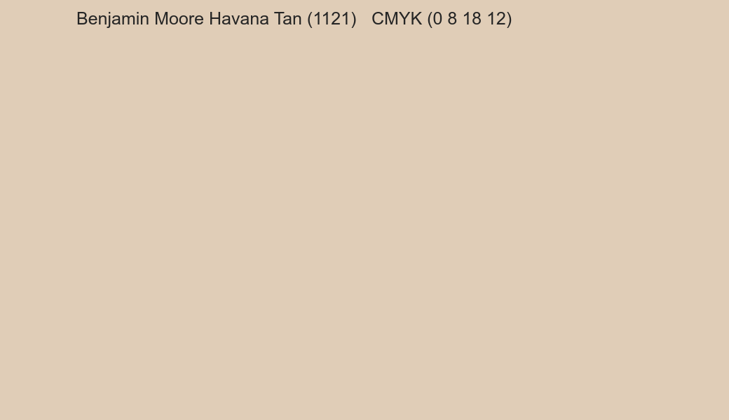 Color Benjamin Moore Havana Tan (1121) to CMYK (0 8 18 12) converter Color Benjamin Moore Havana Tan (1121) to CMYK (0 8 18 12) converter