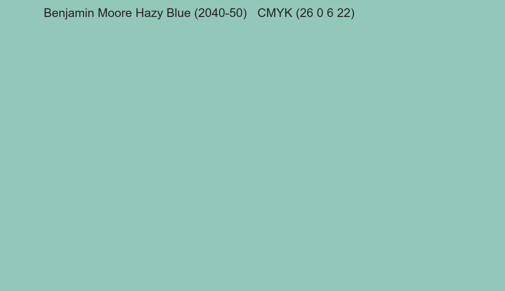 Color Benjamin Moore Hazy Blue (2040-50) to CMYK (26 0 6 22) converter Color Benjamin Moore Hazy Blue (2040-50) to CMYK (26 0 6 22) converter