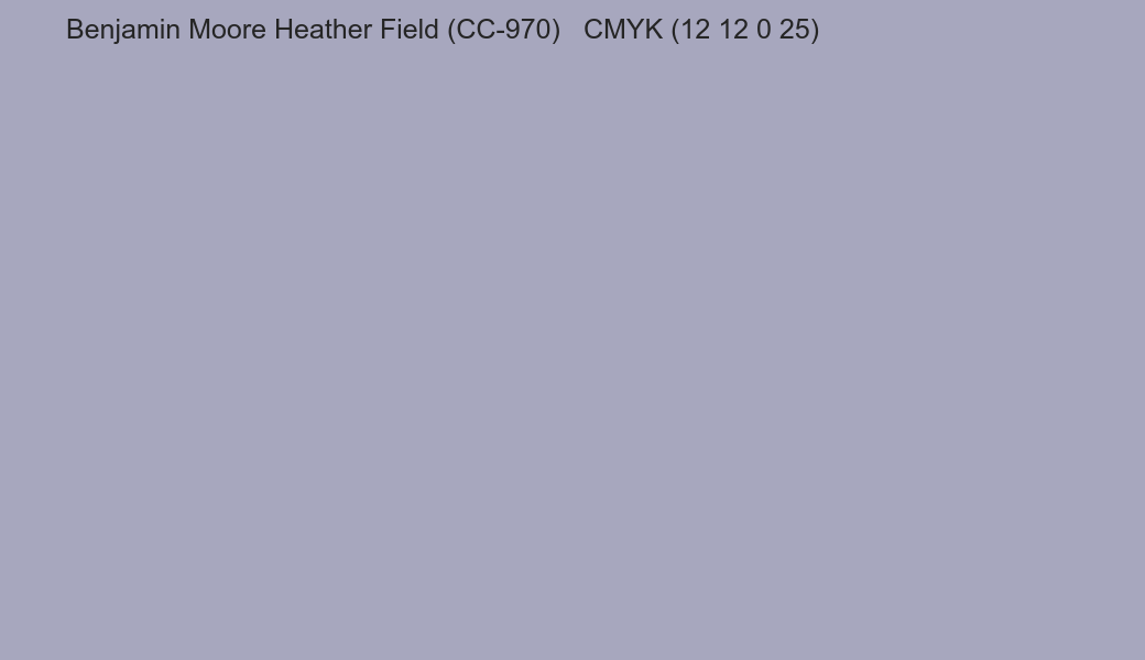 Color Benjamin Moore Heather Field (CC-970) to CMYK (12 12 0 25) converter Color Benjamin Moore Heather Field (CC-970) to CMYK (12 12 0 25) converter