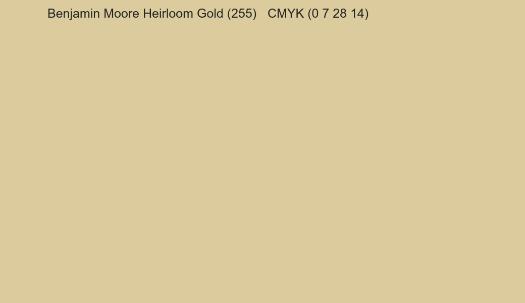 Color Benjamin Moore Heirloom Gold (255) to CMYK (0 7 28 14) converter Color Benjamin Moore Heirloom Gold (255) to CMYK (0 7 28 14) converter