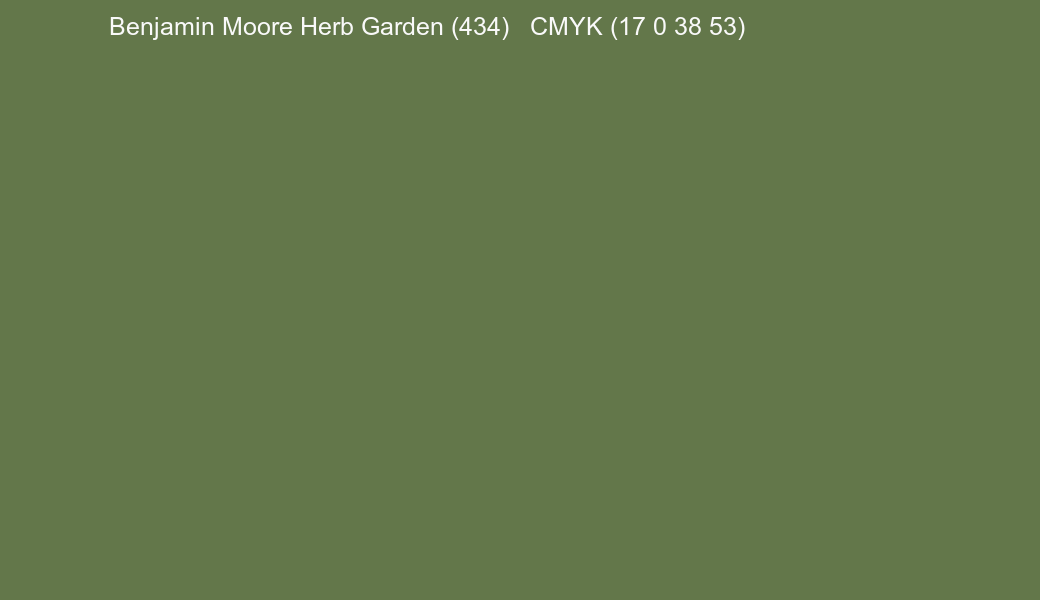 Color Benjamin Moore Herb Garden (434) to CMYK (17 0 38 53) converter Color Benjamin Moore Herb Garden (434) to CMYK (17 0 38 53) converter