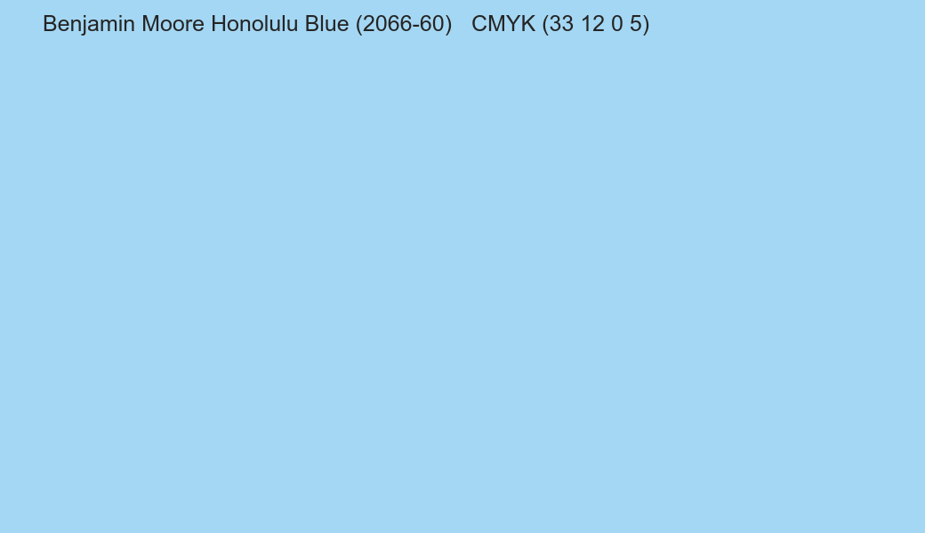 Color Benjamin Moore Honolulu Blue (2066-60) to CMYK (33 12 0 5) converter Color Benjamin Moore Honolulu Blue (2066-60) to CMYK (33 12 0 5) converter