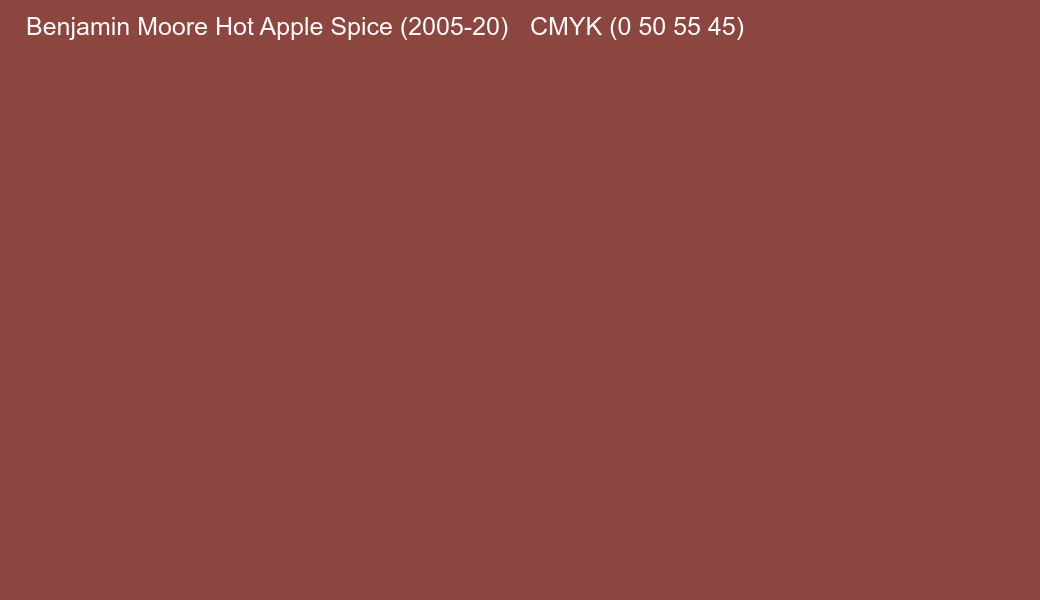 Color Benjamin Moore Hot Apple Spice (2005-20) to CMYK (0 50 55 45) converter Color Benjamin Moore Hot Apple Spice (2005-20) to CMYK (0 50 55 45) converter