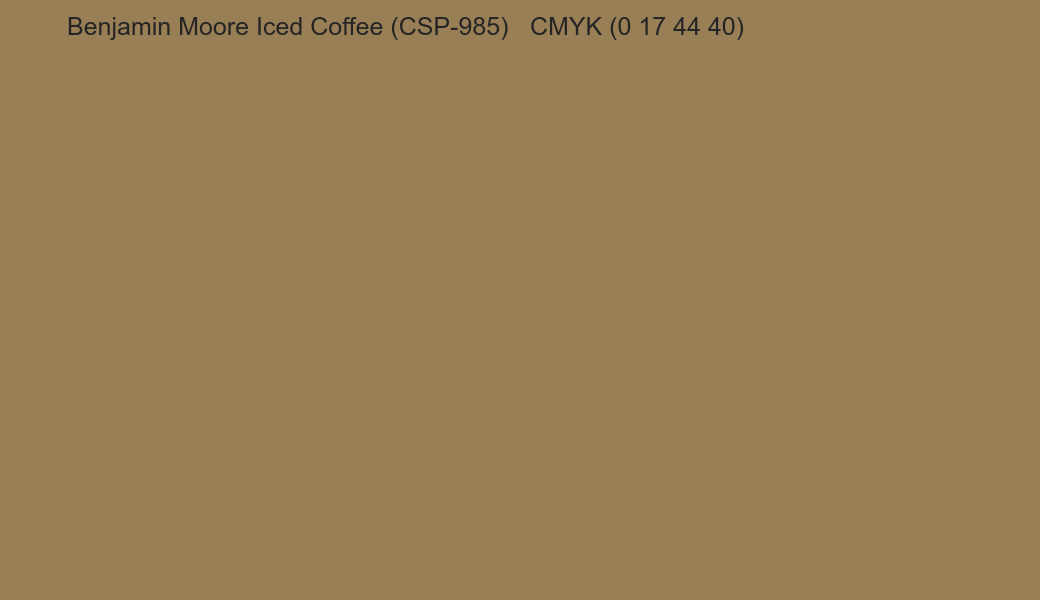 Color Benjamin Moore Iced Coffee (CSP-985) to CMYK (0 17 44 40) converter Color Benjamin Moore Iced Coffee (CSP-985) to CMYK (0 17 44 40) converter