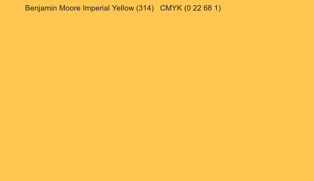 Color Benjamin Moore Imperial Yellow (314) to CMYK (0 22 68 1) converter Color Benjamin Moore Imperial Yellow (314) to CMYK (0 22 68 1) converter