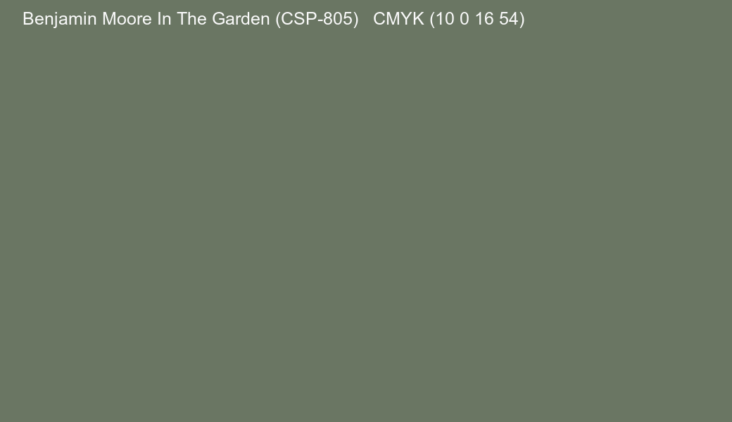 Color Benjamin Moore In The Garden (CSP-805) to CMYK (10 0 16 54) converter Color Benjamin Moore In The Garden (CSP-805) to CMYK (10 0 16 54) converter