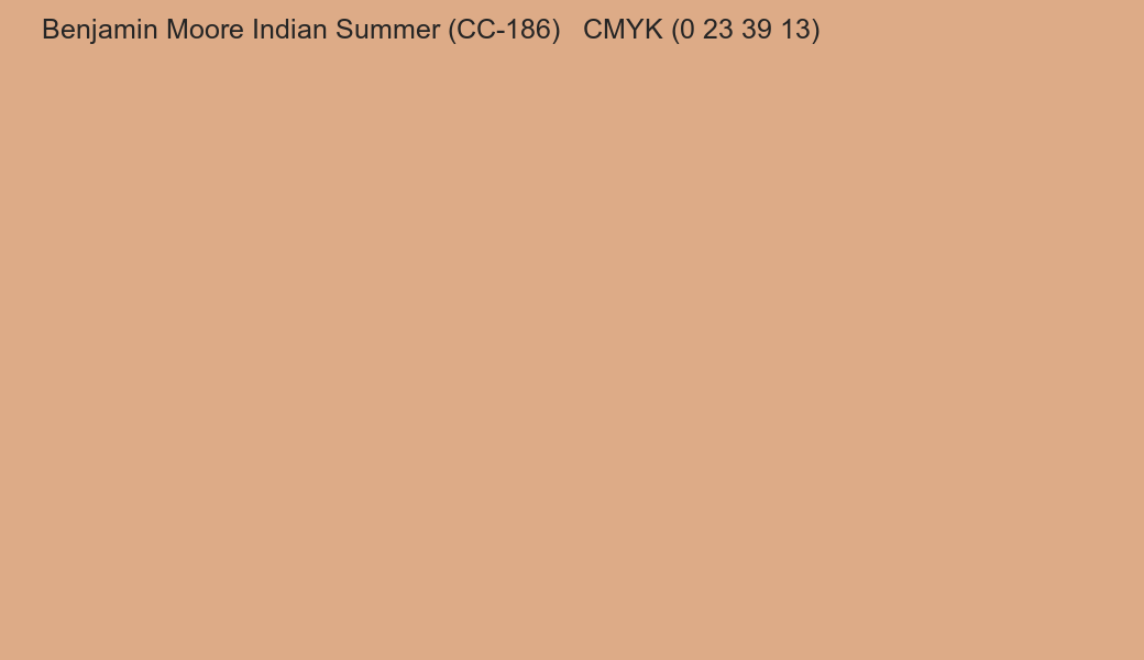 Color Benjamin Moore Indian Summer (CC-186) to CMYK (0 23 39 13) converter Color Benjamin Moore Indian Summer (CC-186) to CMYK (0 23 39 13) converter