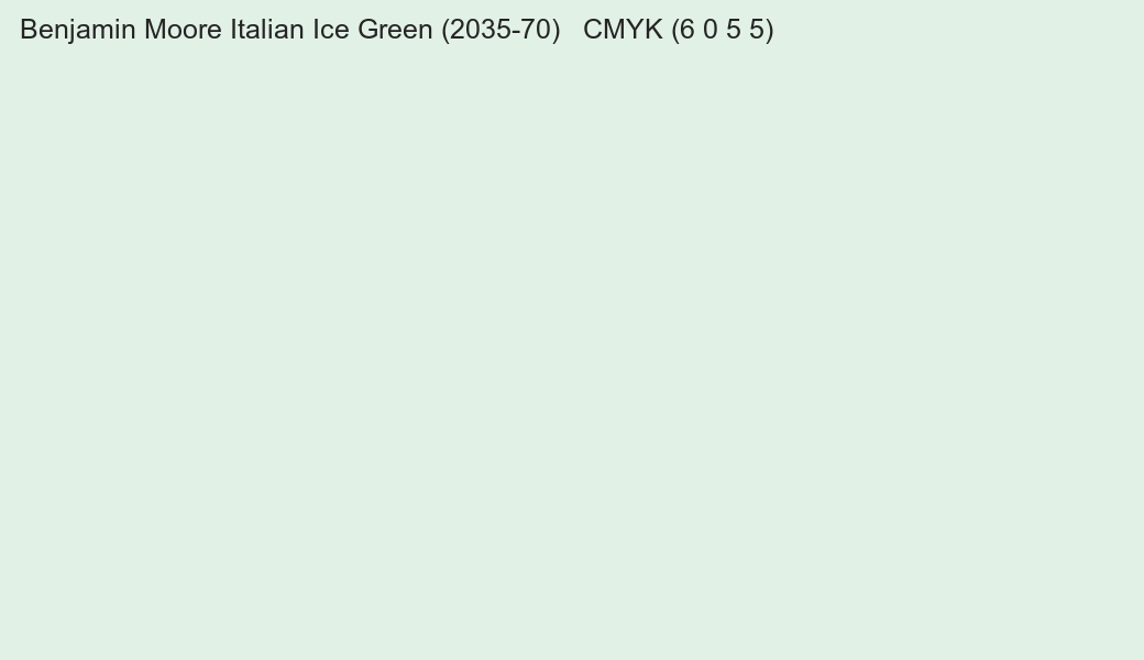 Color Benjamin Moore Italian Ice Green (2035-70) to CMYK (6 0 5 5) converter Color Benjamin Moore Italian Ice Green (2035-70) to CMYK (6 0 5 5) converter