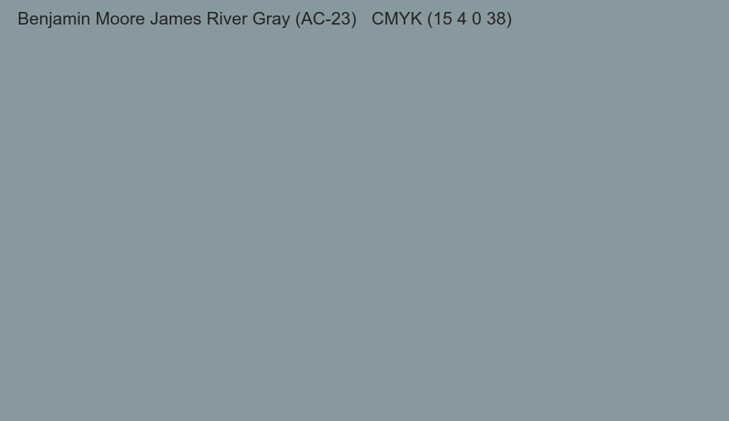 Color Benjamin Moore James River Gray (AC-23) to CMYK (15 4 0 38) converter Color Benjamin Moore James River Gray (AC-23) to CMYK (15 4 0 38) converter
