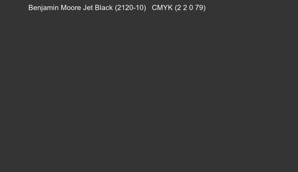 Color Benjamin Moore Jet Black (2120-10) to CMYK (2 2 0 79) converter Color Benjamin Moore Jet Black (2120-10) to CMYK (2 2 0 79) converter