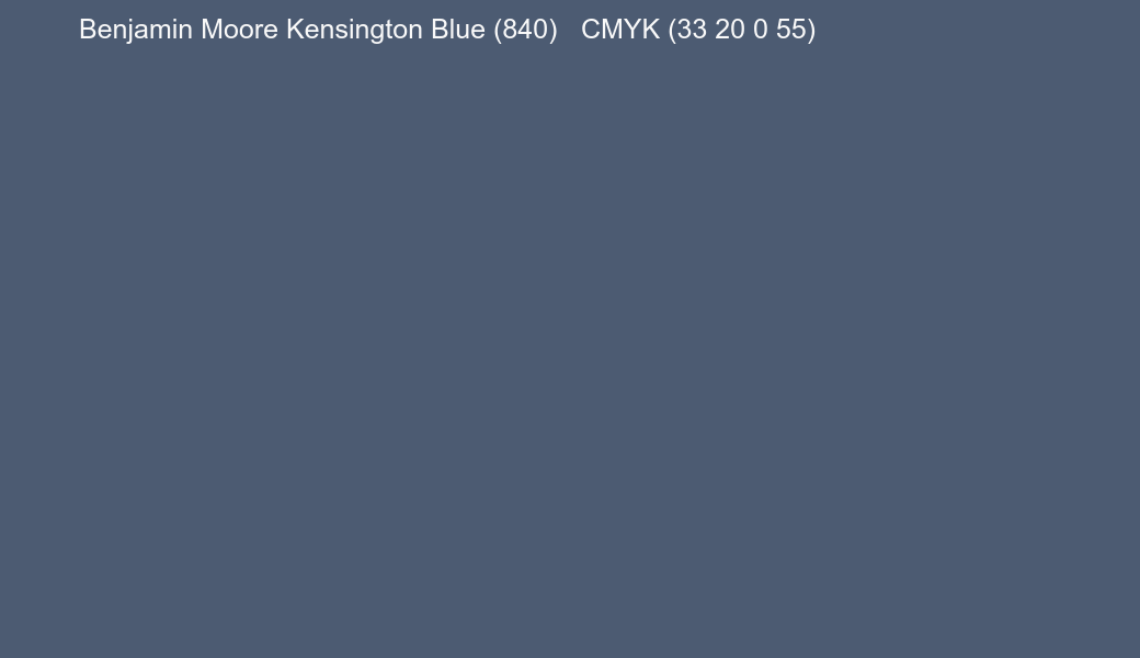 Color Benjamin Moore Kensington Blue (840) to CMYK (33 20 0 55) converter Color Benjamin Moore Kensington Blue (840) to CMYK (33 20 0 55) converter