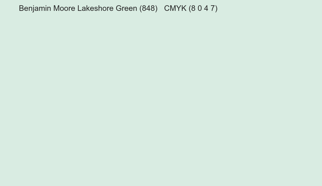 Color Benjamin Moore Lakeshore Green (848) to CMYK (8 0 4 7) converter Color Benjamin Moore Lakeshore Green (848) to CMYK (8 0 4 7) converter
