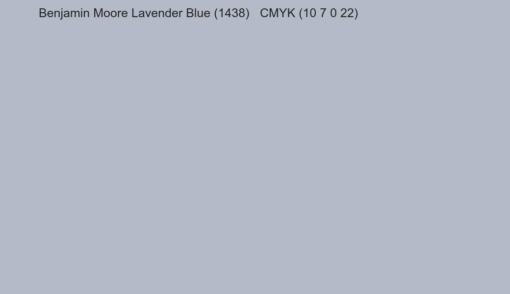 Color Benjamin Moore Lavender Blue (1438) to CMYK (10 7 0 22) converter Color Benjamin Moore Lavender Blue (1438) to CMYK (10 7 0 22) converter