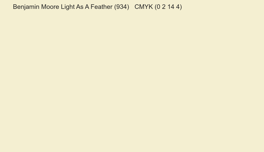 Color Benjamin Moore Light As A Feather (934) to CMYK (0 2 14 4) converter Color Benjamin Moore Light As A Feather (934) to CMYK (0 2 14 4) converter