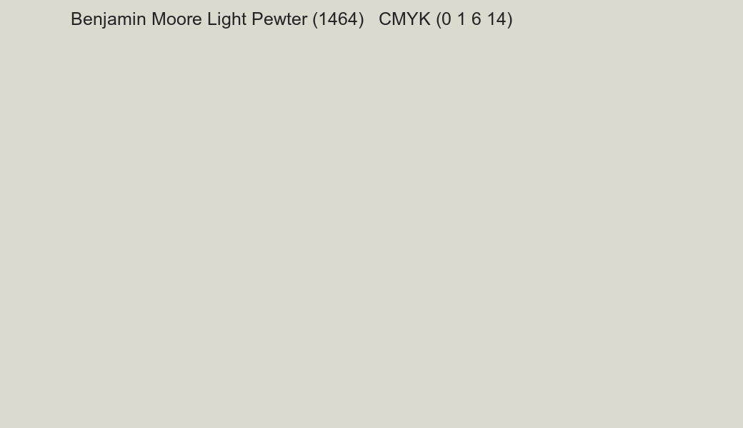 Color Benjamin Moore Light Pewter (1464) to CMYK (0 1 6 14) converter Color Benjamin Moore Light Pewter (1464) to CMYK (0 1 6 14) converter