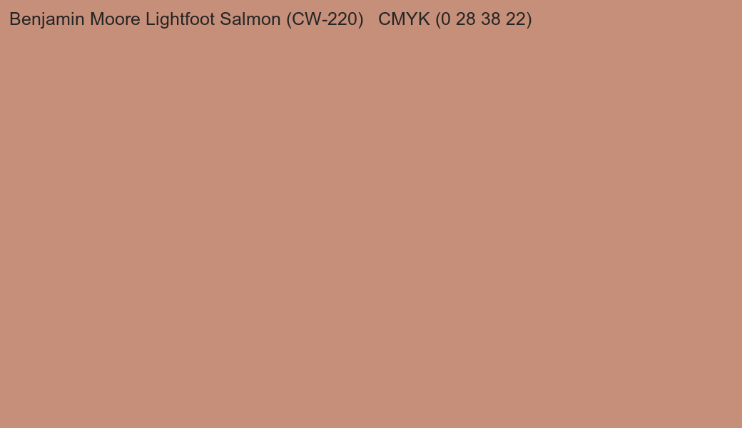 Color Benjamin Moore Lightfoot Salmon (CW-220) to CMYK (0 28 38 22) converter Color Benjamin Moore Lightfoot Salmon (CW-220) to CMYK (0 28 38 22) converter