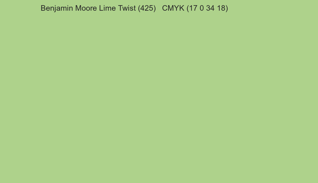 Color Benjamin Moore Lime Twist (425) to CMYK (17 0 34 18) converter Color Benjamin Moore Lime Twist (425) to CMYK (17 0 34 18) converter