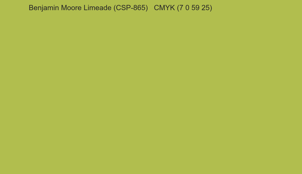 Color Benjamin Moore Limeade (CSP-865) to CMYK (7 0 59 25) converter Color Benjamin Moore Limeade (CSP-865) to CMYK (7 0 59 25) converter