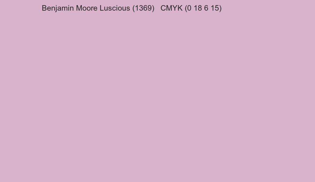 Color Benjamin Moore Luscious (1369) to CMYK (0 18 6 15) converter Color Benjamin Moore Luscious (1369) to CMYK (0 18 6 15) converter