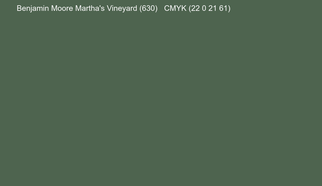 Color Benjamin Moore Martha's Vineyard (630) to CMYK (22 0 21 61) converter Color Benjamin Moore Martha's Vineyard (630) to CMYK (22 0 21 61) converter