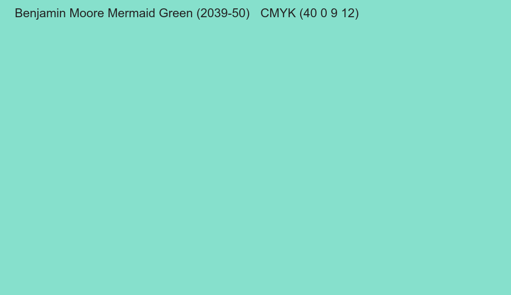 Color Benjamin Moore Mermaid Green (2039-50) to CMYK (40 0 9 12) converter Color Benjamin Moore Mermaid Green (2039-50) to CMYK (40 0 9 12) converter