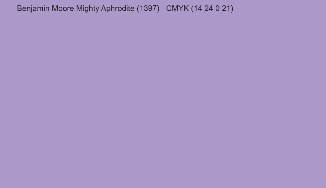 Color Benjamin Moore Mighty Aphrodite (1397) to CMYK (14 24 0 21) converter Color Benjamin Moore Mighty Aphrodite (1397) to CMYK (14 24 0 21) converter