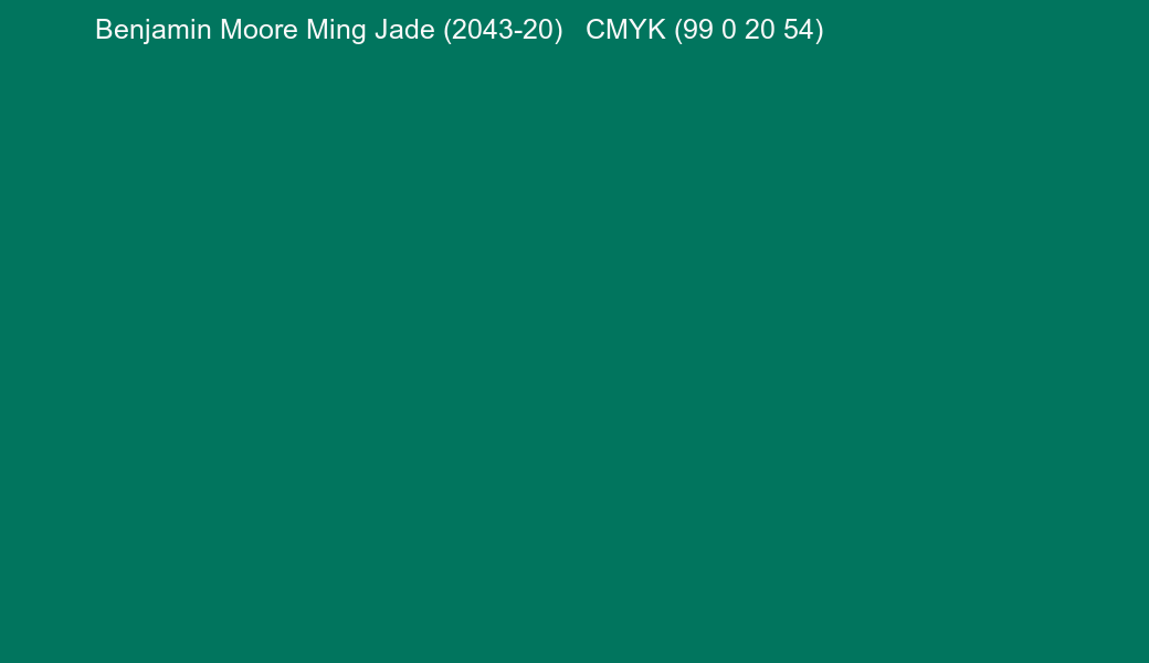 Color Benjamin Moore Ming Jade (2043-20) to CMYK (99 0 20 54) converter Color Benjamin Moore Ming Jade (2043-20) to CMYK (99 0 20 54) converter