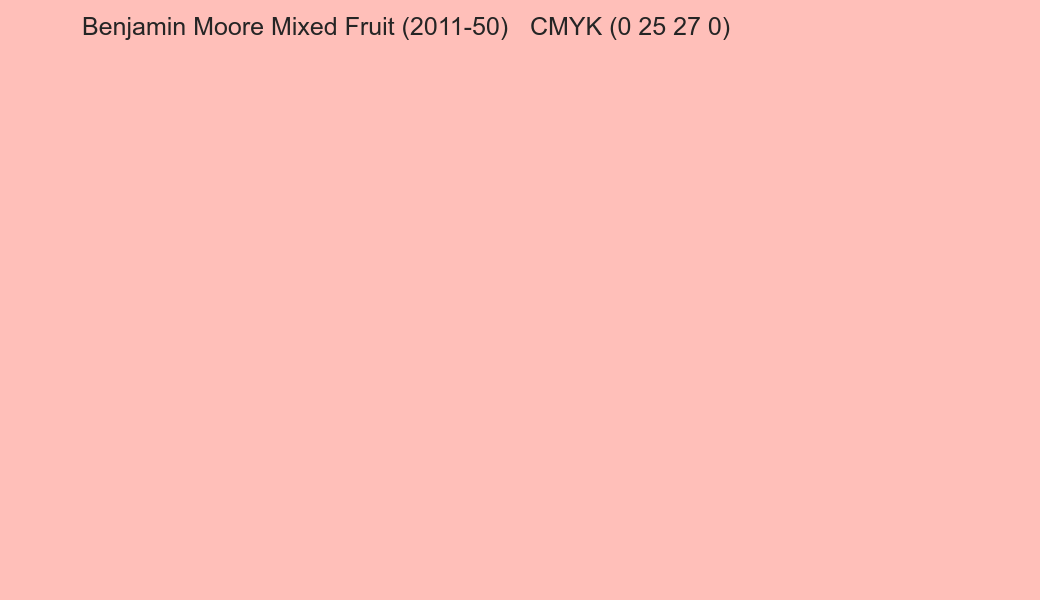 Color Benjamin Moore Mixed Fruit (2011-50) to CMYK (0 25 27 0) converter Color Benjamin Moore Mixed Fruit (2011-50) to CMYK (0 25 27 0) converter