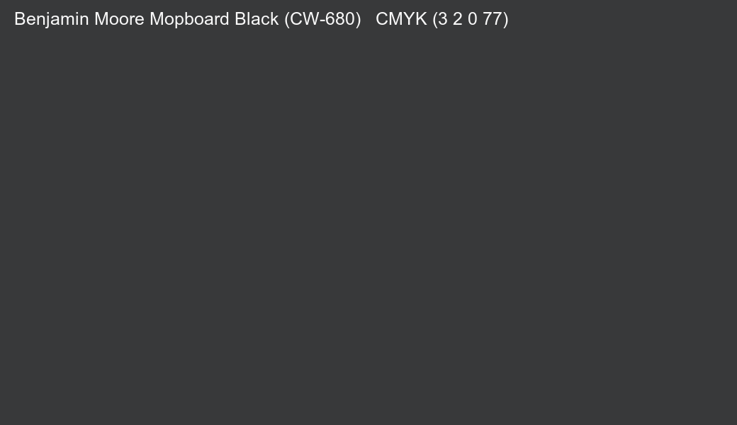 Color Benjamin Moore Mopboard Black (CW-680) to CMYK (3 2 0 77) converter Color Benjamin Moore Mopboard Black (CW-680) to CMYK (3 2 0 77) converter