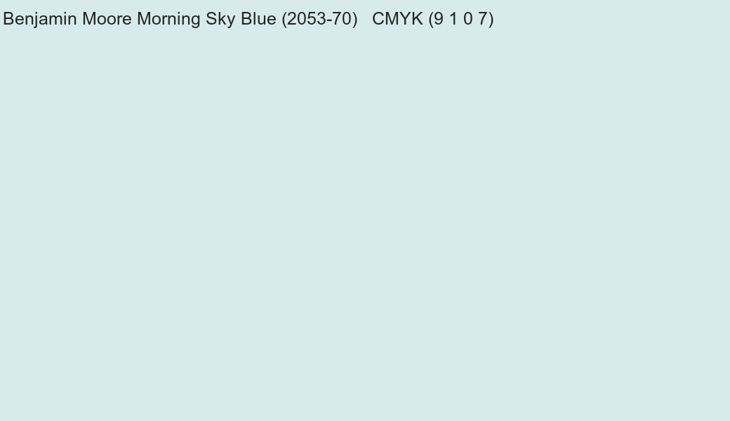 Color Benjamin Moore Morning Sky Blue (2053-70) to CMYK (9 1 0 7) converter Color Benjamin Moore Morning Sky Blue (2053-70) to CMYK (9 1 0 7) converter