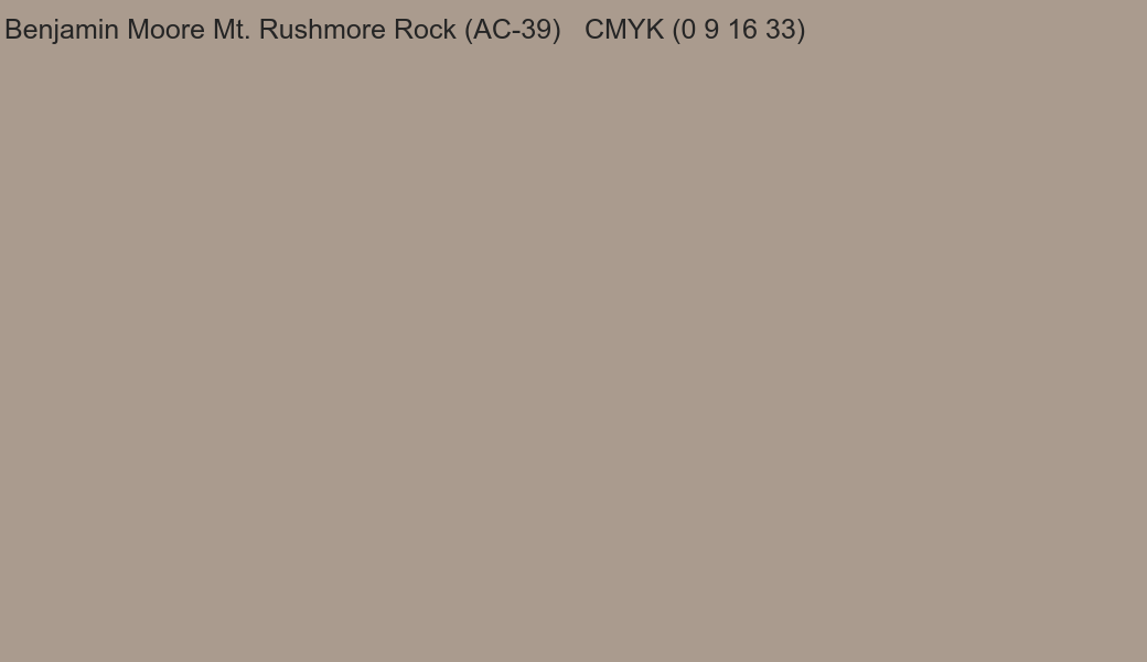 Color Benjamin Moore Mt. Rushmore Rock (AC-39) to CMYK (0 9 16 33) converter Color Benjamin Moore Mt. Rushmore Rock (AC-39) to CMYK (0 9 16 33) converter