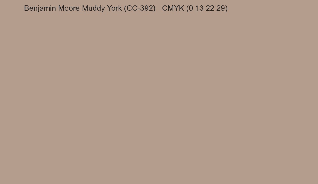 Color Benjamin Moore Muddy York (CC-392) to CMYK (0 13 22 29) converter Color Benjamin Moore Muddy York (CC-392) to CMYK (0 13 22 29) converter