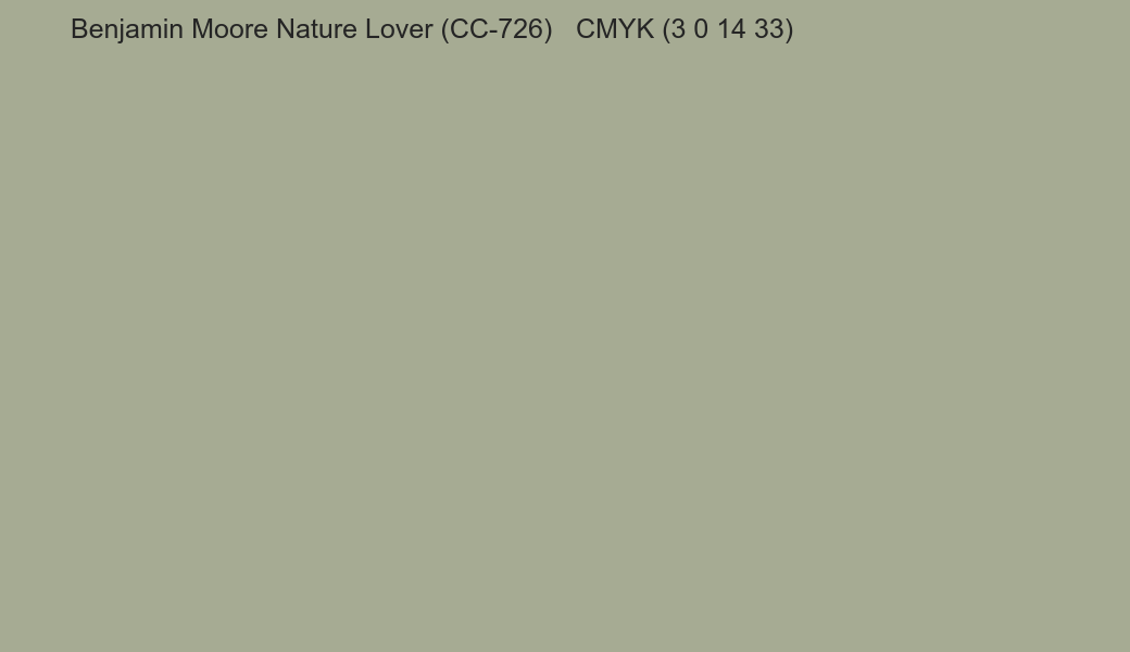 Color Benjamin Moore Nature Lover (CC-726) to CMYK (3 0 14 33) converter Color Benjamin Moore Nature Lover (CC-726) to CMYK (3 0 14 33) converter