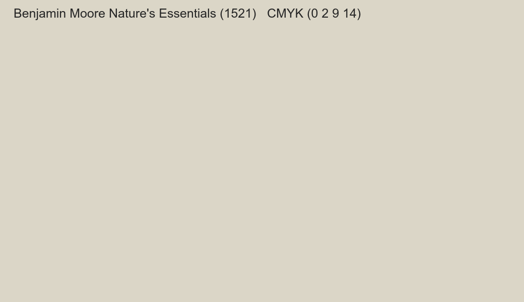 Color Benjamin Moore Nature's Essentials (1521) to CMYK (0 2 9 14) converter Color Benjamin Moore Nature's Essentials (1521) to CMYK (0 2 9 14) converter