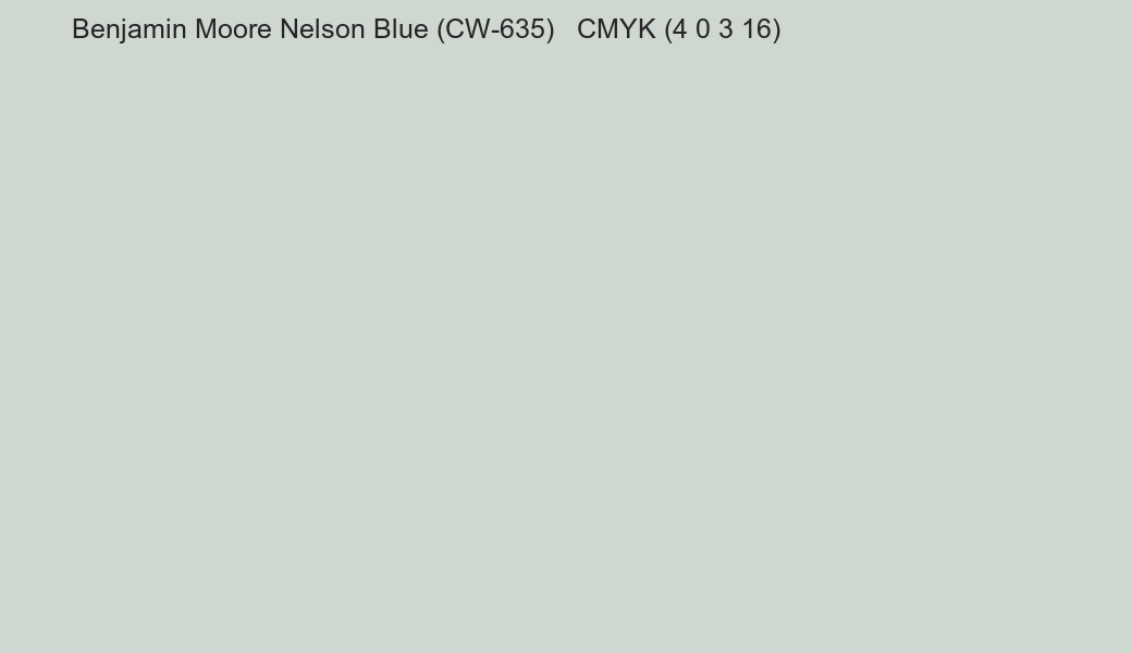Color Benjamin Moore Nelson Blue (CW-635) to CMYK (4 0 3 16) converter Color Benjamin Moore Nelson Blue (CW-635) to CMYK (4 0 3 16) converter