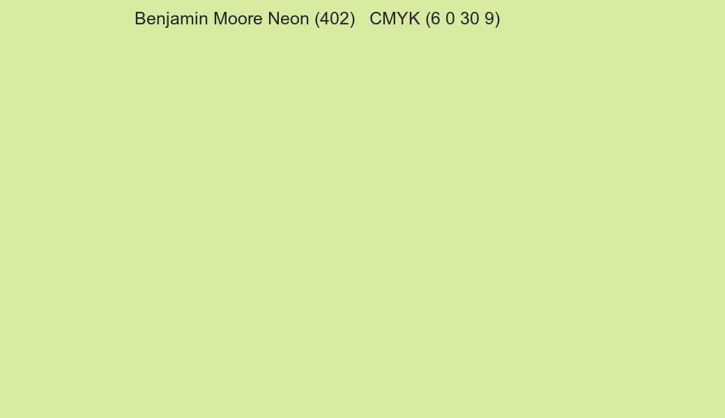 Color Benjamin Moore Neon (402) to CMYK (6 0 30 9) converter Color Benjamin Moore Neon (402) to CMYK (6 0 30 9) converter