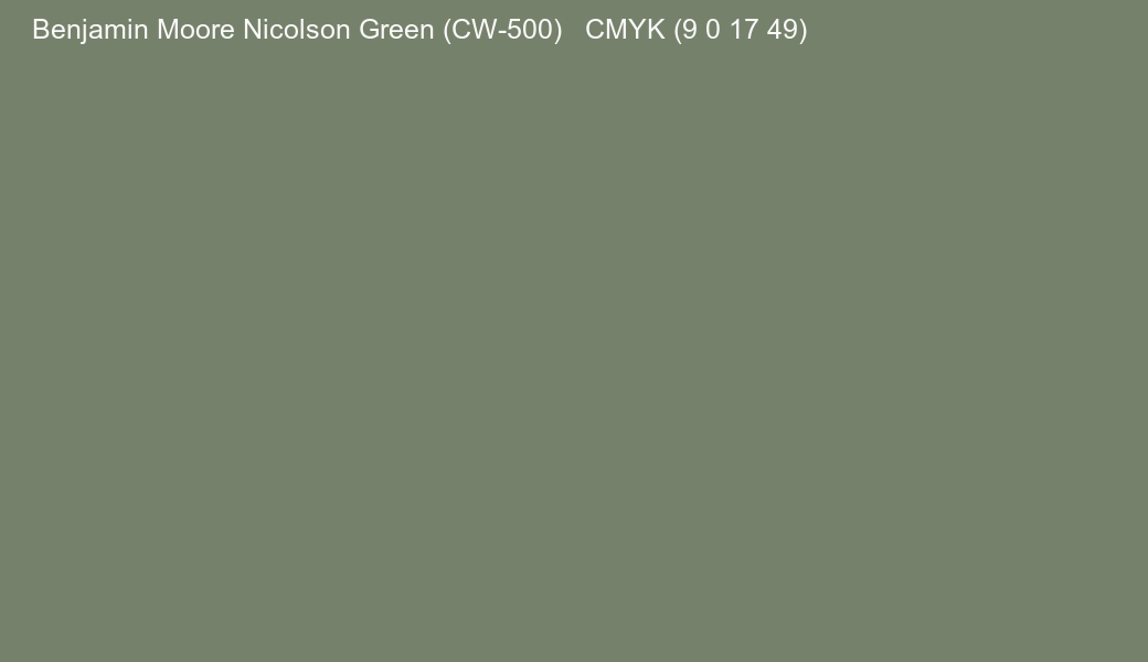 Color Benjamin Moore Nicolson Green (CW-500) to CMYK (9 0 17 49) converter Color Benjamin Moore Nicolson Green (CW-500) to CMYK (9 0 17 49) converter