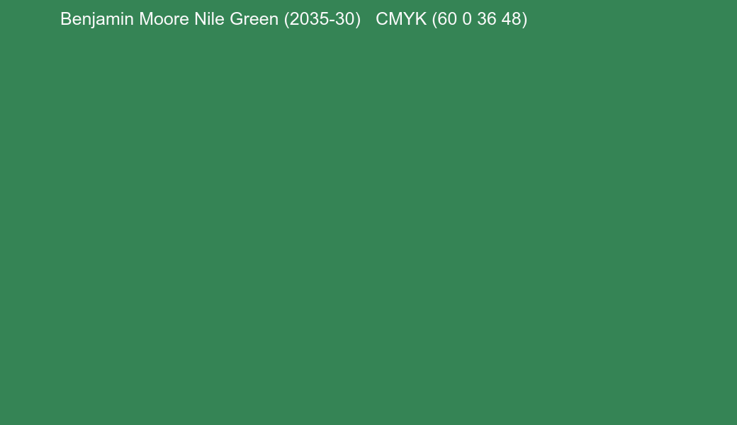 Color Benjamin Moore Nile Green (2035-30) to CMYK (60 0 36 48) converter Color Benjamin Moore Nile Green (2035-30) to CMYK (60 0 36 48) converter
